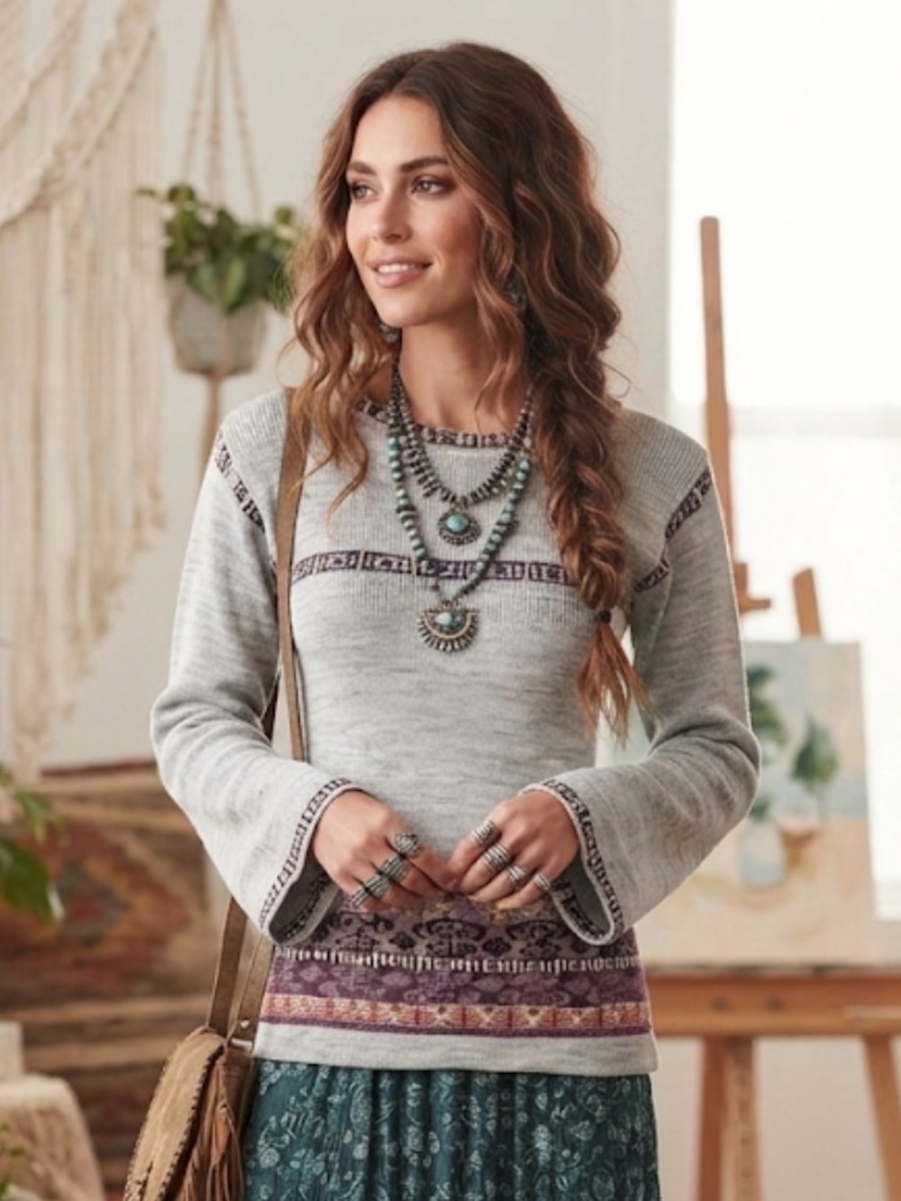 Vintage Beewear Bell Sleeve Knit Square Neckline Sweater Grey Purple Small